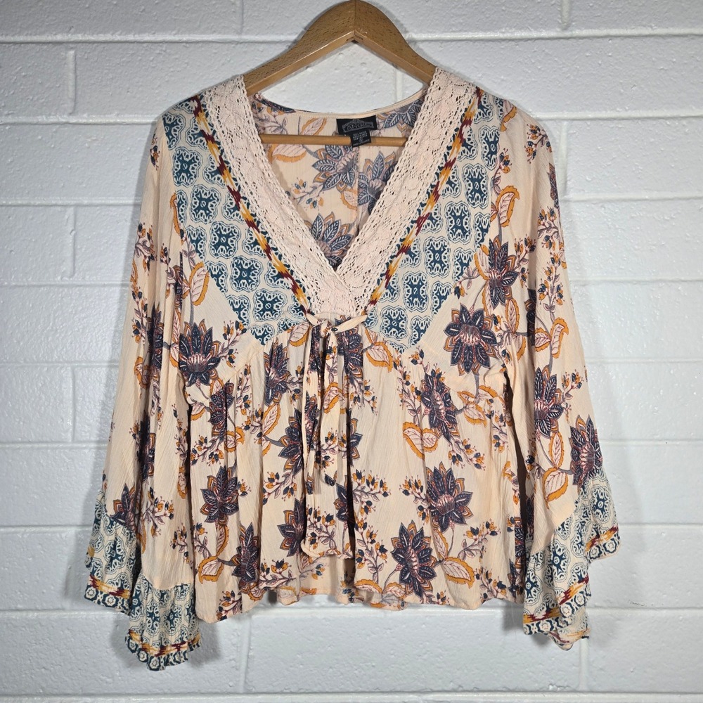 Angie Cream Floral Boho Blouse with Navy & Mustard Accents